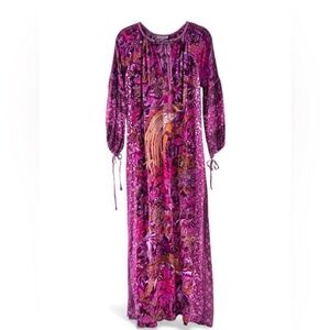 D’Ascoli Bird Print Silk Maxi Dress Pink Purple Size Medium